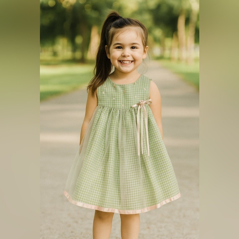 Ashley Ann Girls Gingham Dress Embellished Bow Tulle Overlay Size 24 Months